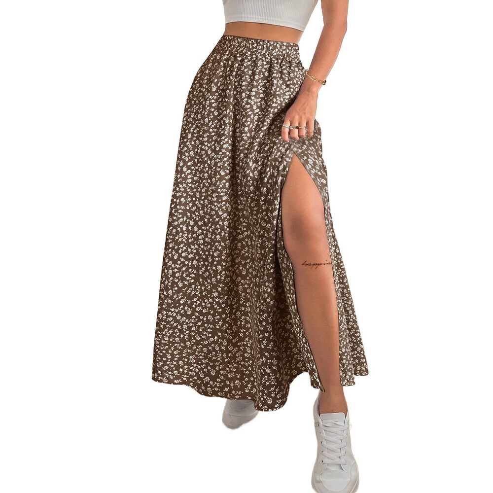7876 Slit Maxi Long Skirt Boho Floral Summer High Waisted Midi Skirts Khaki